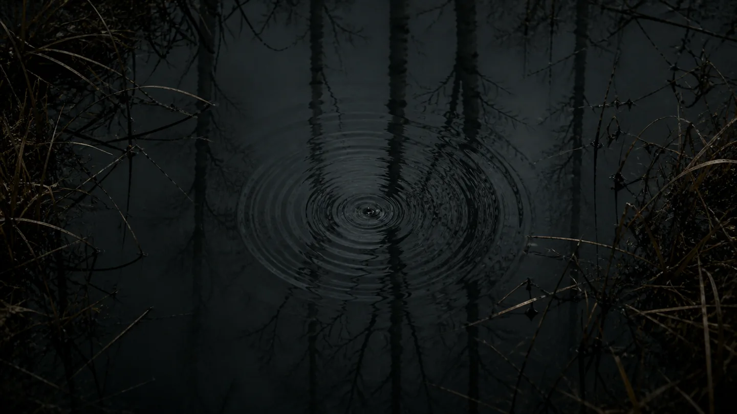 Moodbild: dunkles Moorwasser mit kreisförmigen Wellen zwischen Gräsern